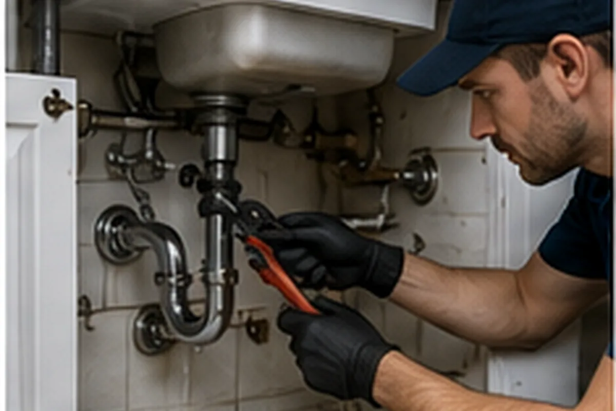 Plumber repairing a leaking residential pipe